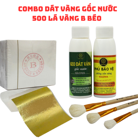 Combo Dát Vàng Gốc Nước - 500 Lá Vàng B Kim Siêu Rẻ Kèm Keo & Phủ Bóng, Dùng Cho Nhiều Chất Liệu Thấm Hút Như Giấy, Xi Măng, Đồ Da