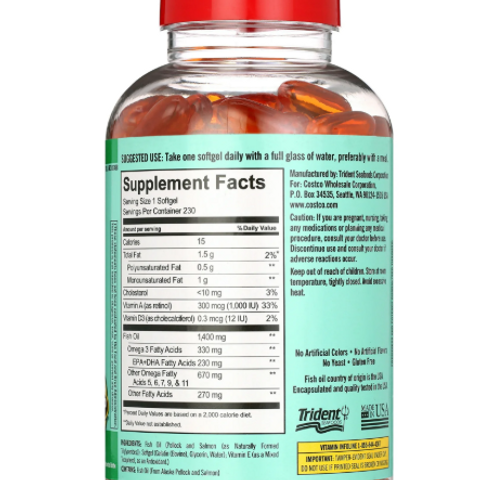 Dầu Cá Alaska Hoang Dã Kirkland Signature 1400mg 230 Viên - Omega-3 Tự Nhiên, Chất Lượng Cao, Bảo Vệ Môi Trường