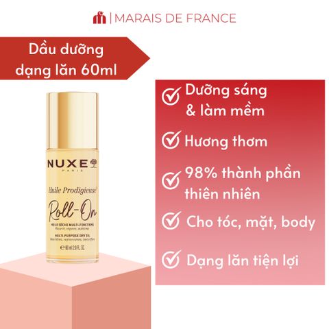 Dầu Dưỡng Đa Năng Dạng Lăn Nuxe Huile Prodigieuse 60ml - Chăm Sóc Da Mặt, Cơ Thể & Tóc, Pháp, Hương Thơm Tinh Tế