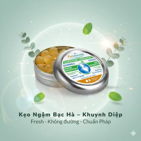 Kẹo ngậm thảo mộc Puressentiel Respiratory 45g – Giải pháp giảm ho, rát họng, khàn tiếng tự nhiên không đường, thơm mát dễ chịu