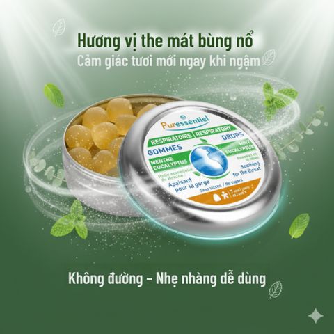 Kẹo ngậm thảo mộc Puressentiel Respiratory 45g – Giải pháp giảm ho, rát họng, khàn tiếng tự nhiên không đường, thơm mát dễ chịu