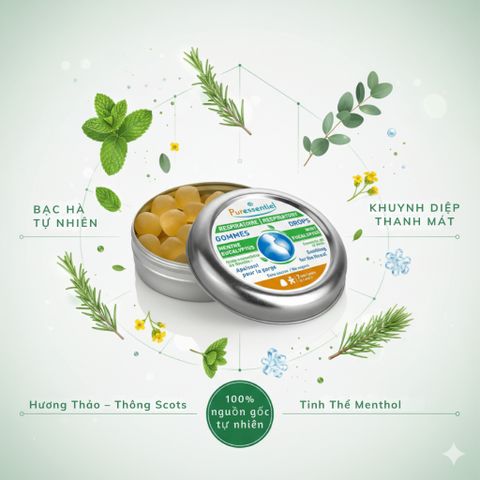 Kẹo ngậm thảo mộc Puressentiel Respiratory 45g – Giải pháp giảm ho, rát họng, khàn tiếng tự nhiên không đường, thơm mát dễ chịu