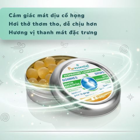 Kẹo ngậm thảo mộc Puressentiel Respiratory 45g – Giải pháp giảm ho, rát họng, khàn tiếng tự nhiên không đường, thơm mát dễ chịu