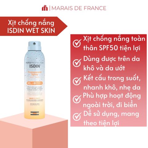 Xịt Chống Nắng ISDIN 250ml Transparent Spray Wet Skin SPF50 - Bảo Vệ Da Toàn Thân, Thẩm Thấu Nhanh, Dùng Được Khi Da Ướt