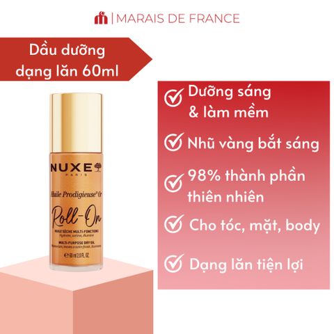 Dầu Dưỡng Nhũ Vàng NUXE Huile Prodigieuse OR Roll-On 60ml - Dưỡng Sáng Da, Mềm Mịn, Chiết Xuất Thiên Nhiên, Dạng Lăn Tiện Lợi