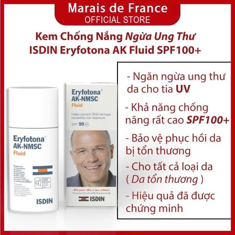 Kem Chống Nắng ISDIN Eryfotona AK-NMSC Fluid SPF100+ 50ml - Bảo Vệ Da Tổn Thương, Hỗ Trợ Phục Hồi Da Nhạy Cảm, Dạng Lỏng Nhẹ