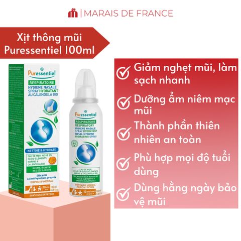 Xịt Rửa Mũi Puressentiel 100ml - Thảo Dược Pháp, Làm Sạch & Dưỡng Ẩm, Giảm Nghẹt Mũi, Ngăn Ngừa Viêm Xoang, Dị Ứng