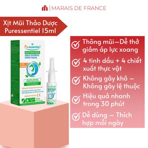 Xịt Mũi Giảm Nghẹt Mũi Puressentiel Sinus Express 15ml - Thực Vật Thiên Nhiên, Hỗ Trợ Thông Xoang Nhanh, Giảm Đau Đầu