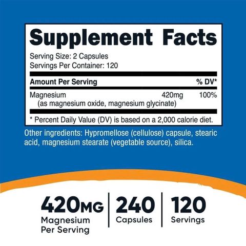 Viên uống bổ sung Magnesium+ Extra-Strength 420mg Nutricost - Hỗ trợ căng thẳng, giấc ngủ và sức khỏe cơ thể - 240 viên nhập Mỹ