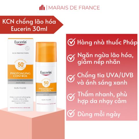 Kem Chống Nắng Eucerin Photoaging Control SPF50+ 50ml - Bảo Vệ Da, Giảm Nếp Nhăn, Chất Lỏng Nhẹ, Dưỡng Ẩm Từ Hyaluronic Acid