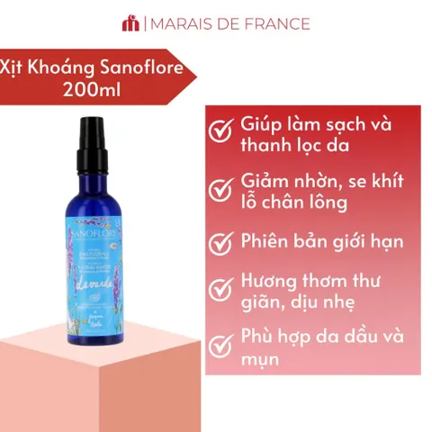 Xịt Khoáng Oải Hương Sanoflore 200ml - Nước Hoa Hồng Hữu Cơ Giảm Nhờn, Se Lỗ Chân Lông Cho Da Dầu, Da Mụn