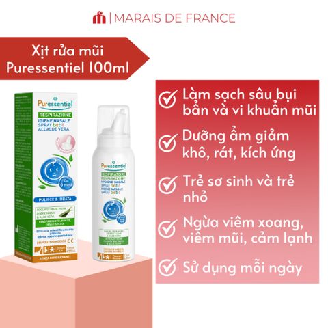 Xịt Rửa Mũi Puressentiel Baby 100ml - Nước Biển & Lô Hội Dưỡng Ẩm Dịu Nhẹ Cho Trẻ Sơ Sinh 0+ Tháng