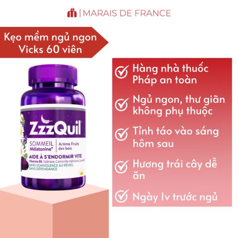 Kẹo Ngủ Vicks ZzzQuil Sleep Gummies - Hỗ Trợ Ngủ Ngon 60 Viên, Giúp Ngủ Nhanh Hơn, Không Gây Nghiện, Hương Trái Cây Rừng