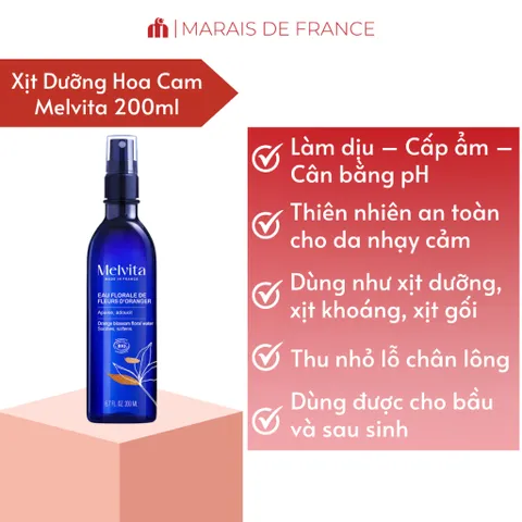 Xịt Dưỡng Hoa Cam Hữu Cơ Melvita 200ml - Cấp Ẩm, Cân Bằng pH, Làm Dịu Da Tự Nhiên, dịu nhẹ Cho Da Nhạy Cảm