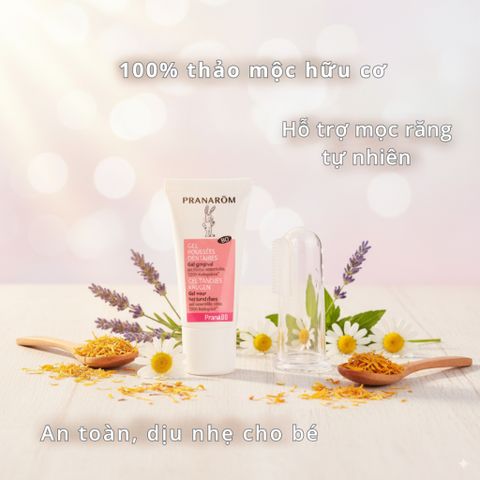 Bộ Pranarôm SOS Răng Sữa - Gel Hữu Cơ Giảm Đau Nướu + Găng Tay Silicon Dịu  Nhẹ Cho Bé Mọc Răng 100% Thiên Nhiên