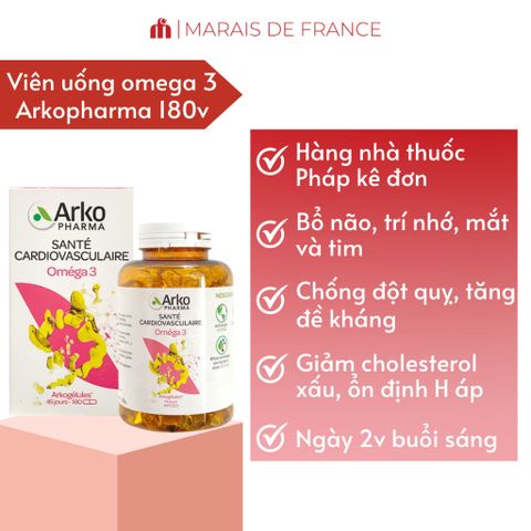 Viên Uống Dầu Cá Arkopharma Omega 3 - Hỗ Trợ Tim Mạch, Bổ Não và Cải Thiện Thị Lực - Hộp 180 Viên