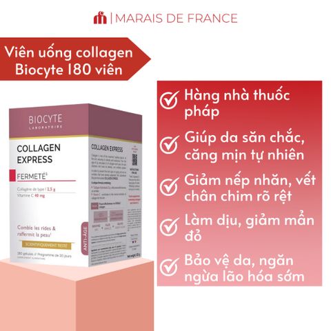 Viên Uống Biocyte Collagen Express – Thực Phẩm Bổ Sung Collagen Pháp Hỗ Trợ Giảm Nếp Nhăn, Trẻ Hóa Da, 180 Viên
