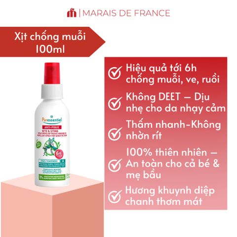 Xịt Chống Muỗi Thiên Nhiên Puressentiel 100ml - An Toàn Cho Bé & Mẹ Bầu, Hiệu Quả 6h, Không DEET, Chống Côn Trùng Tốt Nhất