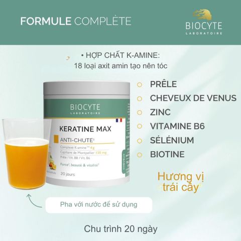 Bột Uống Giảm Rụng Tóc Biocyte Keratine Max - Giúp Tóc Mọc Chắc Khỏe, Dày Bóng, Collagen, Vitamin B, Phục Hồi Tóc Hư Tổn 240g