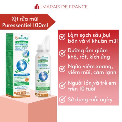 Xịt Rửa Mũi Puressentiel 100ml - Nước Biển và Hoa Cúc Bio, Giảm Nghẹt Mũi An Toàn, Không Cồn, Dành Cho Người Nhạy Cảm