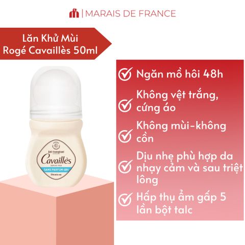 Lăn Khử Mùi Không Mùi Rogé Cavaillès Absorb+ 48H - Kiểm Soát Mồ Hôi, An Toàn Cho Da Nhạy Cảm 50ml
