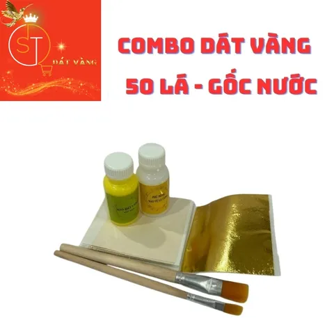 Combo Dát Vàng Nghệ Thuật Gốc Nước - 50 Lá Vàng Kèm Phụ Kiện Dùng Cho Hoa Quả và Thạch Cao, Xi Măng