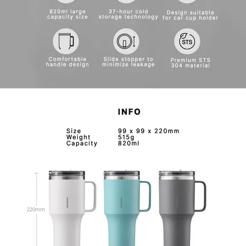 Ly Giữ Nhiệt LocknLock Metro King Tumbler 820ml Có Quai Cầm - Bình Giữ Nhiệt Thép Không Gỉ Màu Xám, Giữ Nóng 3 Giờ, Duy Trì Nhiệt Độ Lý Tưởng