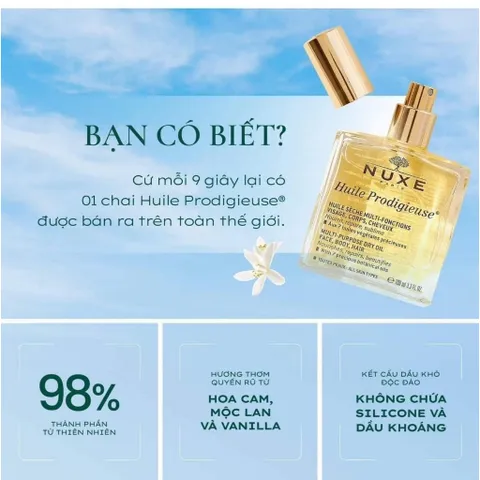 Dầu Khô Đa Năng Nuxe Huile Prodigieuse 50ml - Dưỡng Da & Tóc Mềm Mại, Chống Oxy Hóa, Hương Hoa Dịu Nhẹ, Hàng Chính Hãng từ Pháp