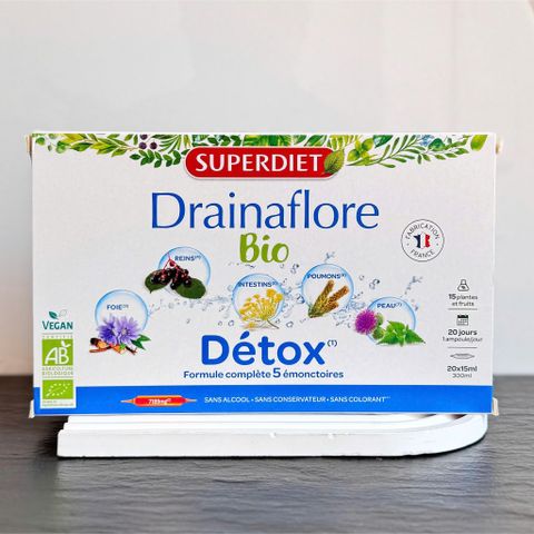 Nước Uống Detox Superdiet Drainaflore Bio – Thải Độc Gan Thận Ruột Từ Thảo Mộc Hữu Cơ - Hộp 20 Ống 15ml