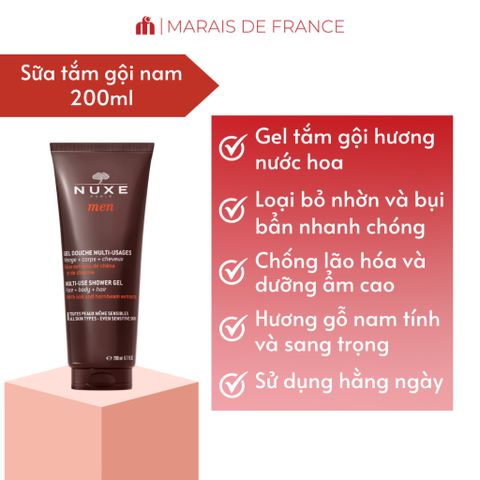 Sữa Tắm Gội Đa Năng NUXE Men 200ml - Gel Tắm Gội 3 Trong 1 Cho Da Sạch, Tóc Mượt, Hương Nam Tính Quyến Rũ
