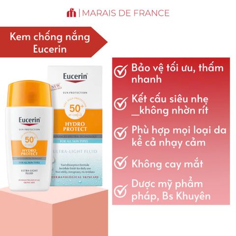 Kem Chống Nắng Eucerin Hydro Protect Ultra-Light SPF50+ 50ml - Bảo Vệ Da Dầu Nhạy Cảm, Không Nhờn Rít, An Toàn Cho Da Mặt