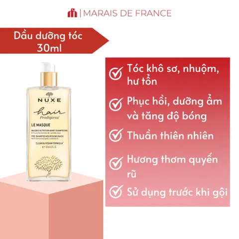 Mặt nạ tóc Nuxe Hair Prodigieux 30ml - Phục hồi hư tổn, dưỡng ẩm mái tóc mềm mượt, óng ả tự nhiên và giảm gãy rụng