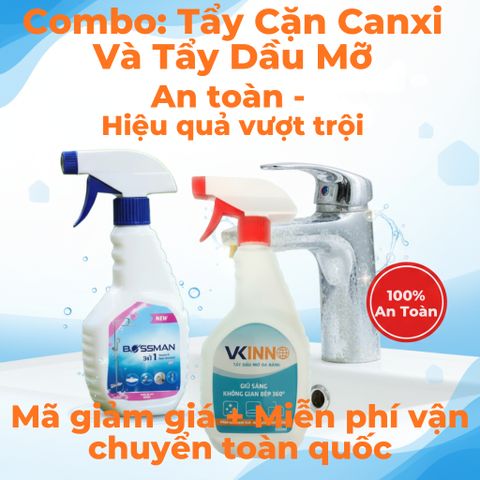 Combo Vệ Sinh Đa Năng VKINNO 500ml - Tẩy Cặn Canxi Vách Kính, Vòi Sen, Bồn Sứ & Tẩy Dầu Mỡ Bếp Gas, Nồi Chiên