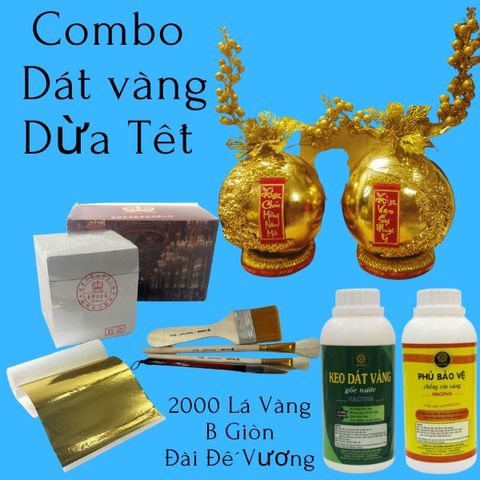 Combo Dát Vàng Tết - 2000 Lá Vàng Đài Đế Vương, Bộ Phụ Kiện Keo Dát Vàng & Chổi Vẽ, Dùng Cho Hoa Quả & Đồ Thủ Công