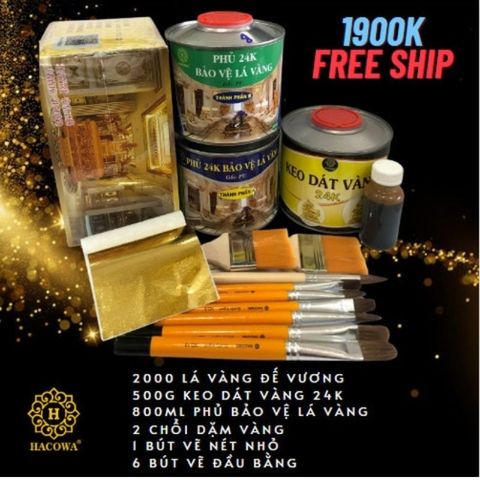 Combo 2000 Lá Vàng B Giòn Đế Vương - Bộ Phụ Kiện Vàng 24K Cho Gỗ, Nhựa & Kim Loại, Gồm Keo & Bút Vẽ