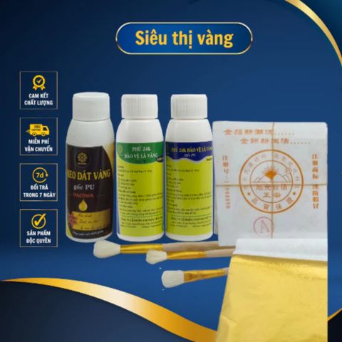 Combo Dát Vàng Gốc PU - 500 Lá Vàng A1 Kèm Phụ Kiện & Keo Dán Dùng Cho Gỗ, Kim Loại, Thủy Tinh, Gốm Sứ