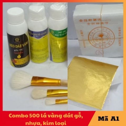Combo Dát Vàng Gốc PU - 500 Lá Vàng A1 Kèm Phụ Kiện & Keo Dán Dùng Cho Gỗ, Kim Loại, Thủy Tinh, Gốm Sứ