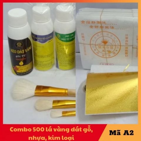 Combo dát vàng gốc PU - 500 lá vàng A2 kèm keo và phụ kiện - Dát vàng cho gỗ, kim loại, nhựa, gốm sứ dễ dàng
