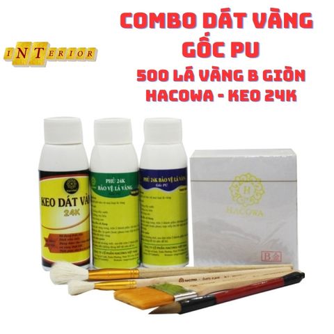 Combo Dát Vàng Hacowa 500 Lá B Giòn + Keo 24K Gốc PU Cho Kim Loại, Gỗ, Nhựa, Đá, Thủy Tinh - Bộ Đồ Nghệ Thuật Sáng Tạo