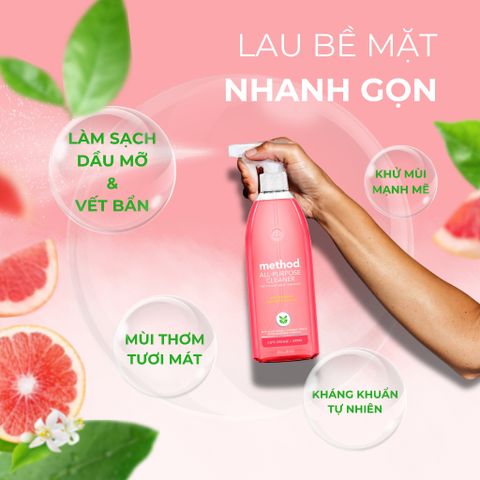 Nước Xịt Đa Năng Method Tinh Dầu Bưởi Hồng 828ml - Giải Pháp Lau Sạch An Toàn, Kháng Khuẩn và Thân Thiện Môi Trường