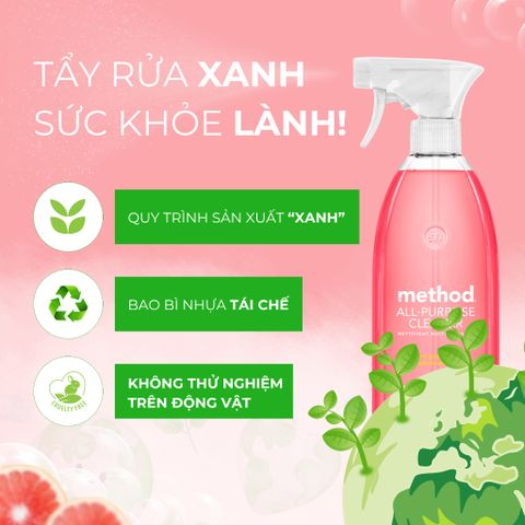 Nước Xịt Đa Năng Method Tinh Dầu Bưởi Hồng 828ml - Giải Pháp Lau Sạch An Toàn, Kháng Khuẩn và Thân Thiện Môi Trường