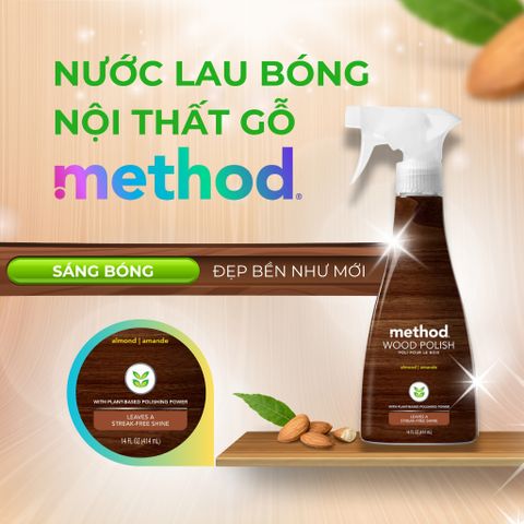 Nước Xịt Bóng Đồ Gỗ Method Wood Polish 414ml - Tinh Dầu Hạnh Nhân, Làm Sáng Bóng Bề Mặt Gỗ, Duy Trì Nội Thất Bền Đẹp