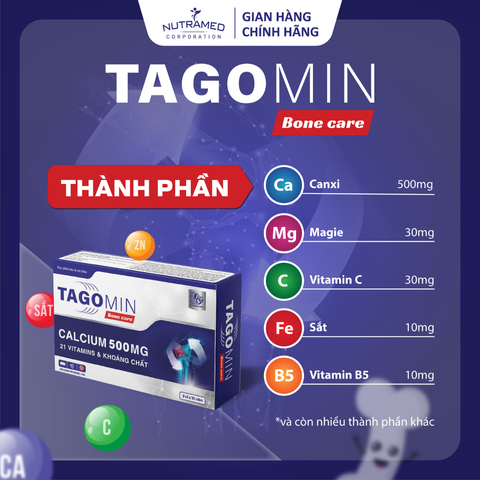 Viên uống hỗ trợ xương Tagomin Bonecare - Ngăn ngừa loãng xương, chắc khỏe xương, bổ sung Canxi & Vitamin D, 30 viên