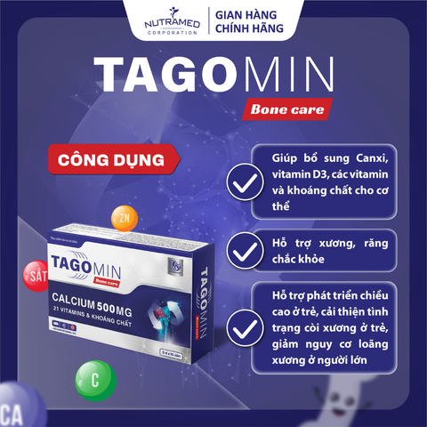 Viên uống hỗ trợ xương Tagomin Bonecare - Ngăn ngừa loãng xương, chắc khỏe xương, bổ sung Canxi & Vitamin D, 30 viên