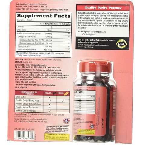 Viên Uống Dầu Tôm Kirkland Signature Krill Oil 500mg - Hỗ Trợ Tim Mạch, Giảm Cholesterol, Omega-3, 180 Viên Mỹ