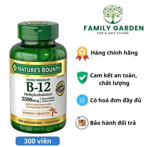 Viên uống Vitamin B12 Nature’s Bounty 2500mcg - Hỗ trợ hệ thần kinh, tim mạch, giảm stress - 300 viên ngậm hương vị anh đào