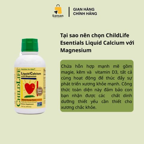 Siro Canxi Hữu Cơ ChildLife 473ml cho Trẻ Em - Tăng Cường Xương và Chiều Cao với Magie, Kẽm, Vitamin D3 - Hương Cam
