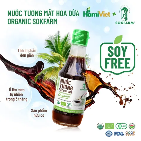 Nước Tương Mật Hoa Dừa Organic Sokfarm - Không Đậu Nành, Ít Muối, Tự Nhiên, Nước Chấm Thích Hợp Mọi Lứa Tuổi, Sức Khỏe Hàng Đầu