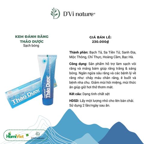Kem đánh răng D'Vi Nature - Thảo Dược Làm Sạch Vôi Răng, Ngăn Ngừa Sâu Răng, Giảm Hôi Miệng, Răng Ê Buốt 100g