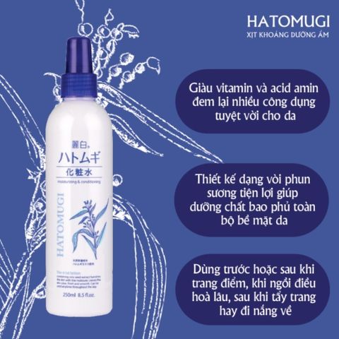 Xịt Khoáng Dưỡng Ẩm Trắng Da Hatomugi Nhật Bản 250ml - Dưỡng Da Mềm Mại, Khắc Phục Da Khô, Làm Mát Da Tức Thì
